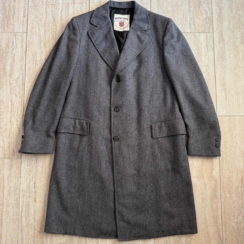 Vintage 70s 80s Gray Houndstooth Long Wool Overcoat Sz L Steampunk Dark Acadamia